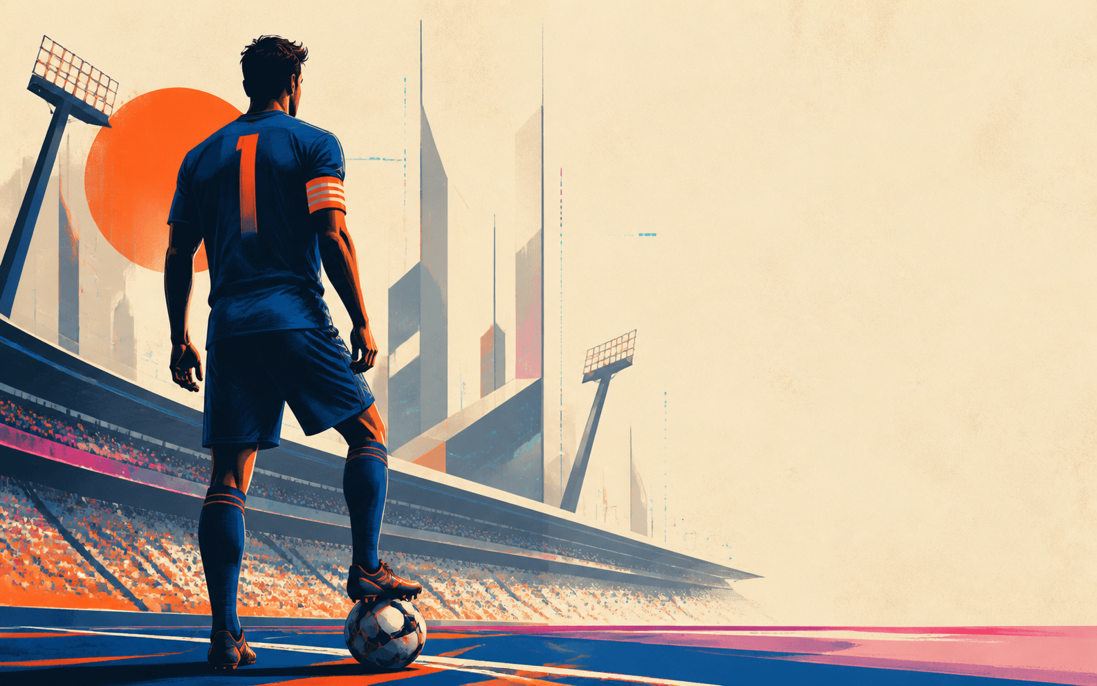 Fictional footballer striking a ball beneath a geometric city skyline